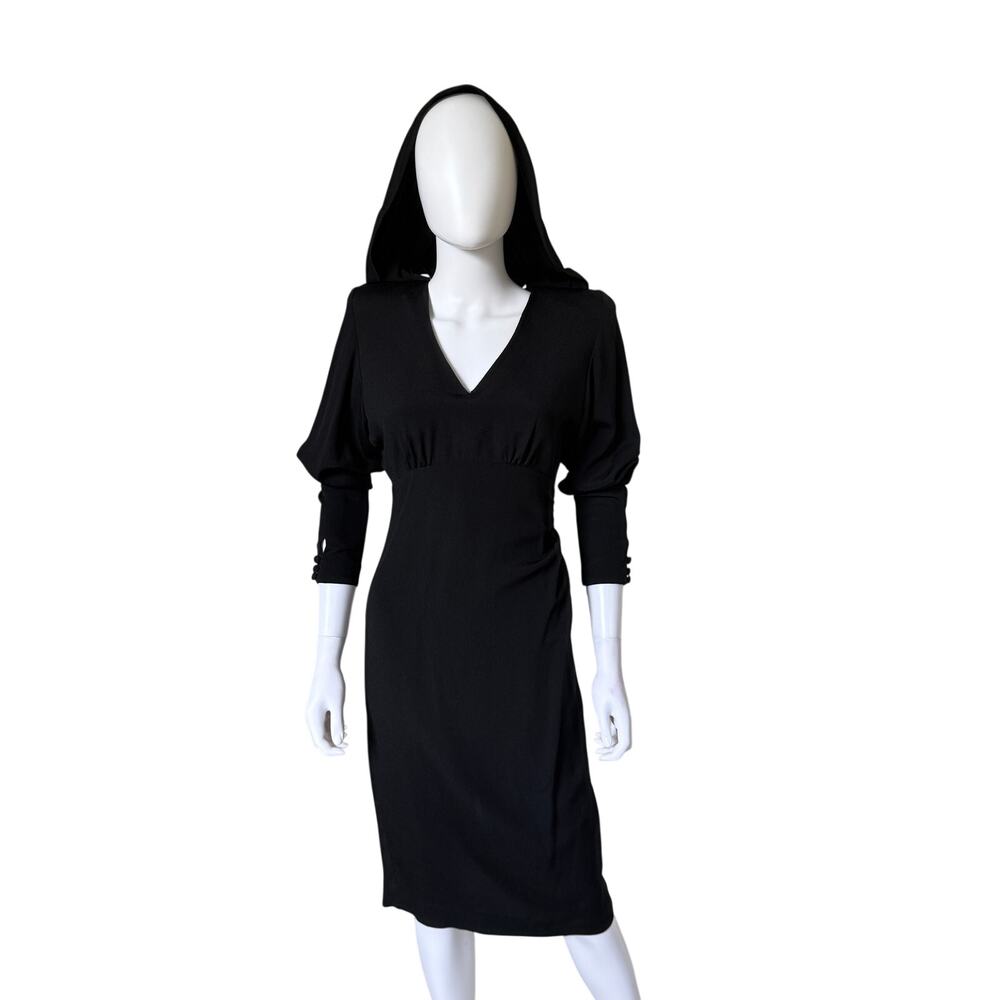 Vintage Barbara Barbara Black Cowl Hood Dress 80s Gothic Glam Made USA Sz 6